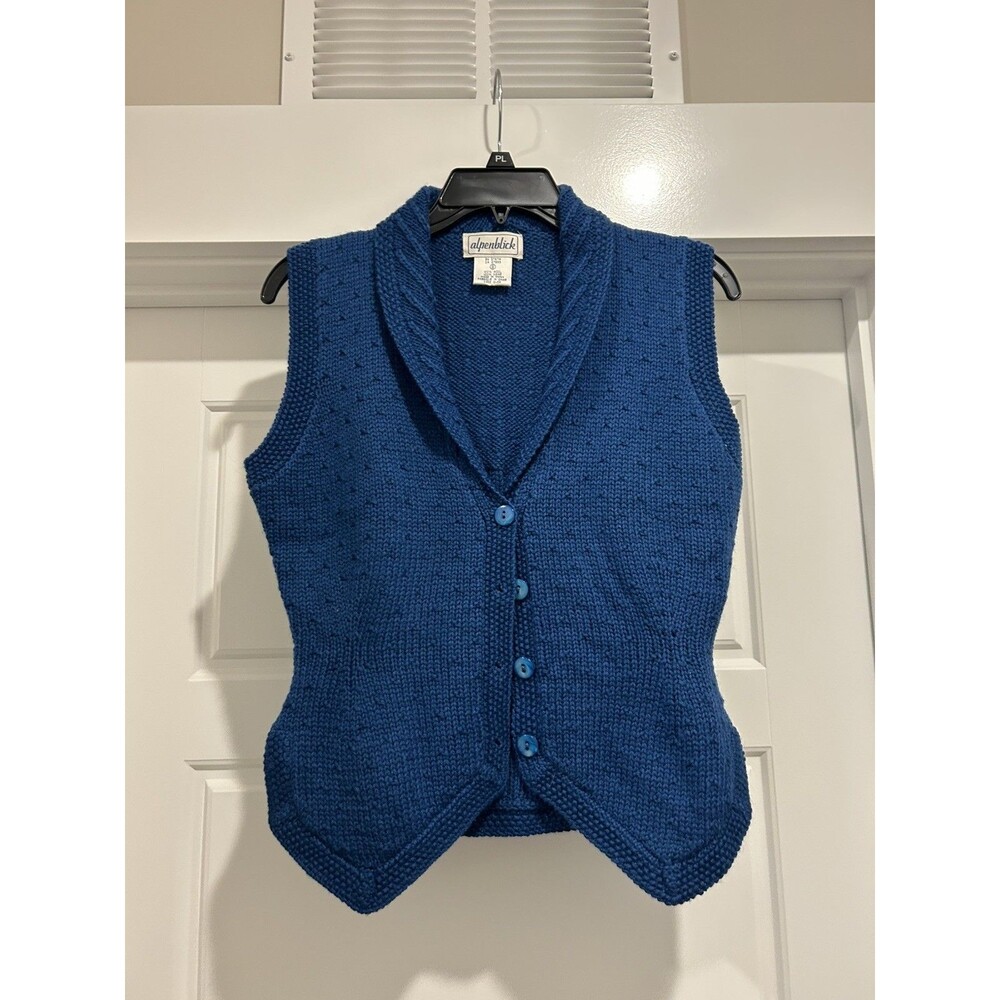 Vintage Alpenblick Blue Cable Knit Shawl Collar Vest Nautical Academia Game Day